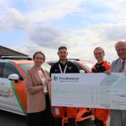 Amy Rowlands, Mayor of Peterborough, Cllr Nick Sandford, with Alex Pearce, paramedic, and Shauna Truskingery, HEMS paramedic.