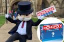 Mr Monopoly outside Peterborough Cathedral when it was announced the city will be getting its own special edition Monopoly board.