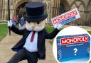 Mr Monopoly outside Peterborough Cathedral when it was announced the city will be getting its own special edition Monopoly board.