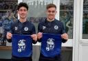 Peterborough United players Joel Randall and Archie Collins with the new sensory bags