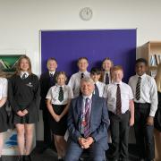 Matthew Van Lier, principal of Stanground Academy with some of the pupils.