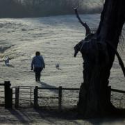 A woman walks with dogs across the frosted meadows at Grantchester in Cambridgeshire, as snow could be on the way for parts of Britain. This picture was taken in February 2016.