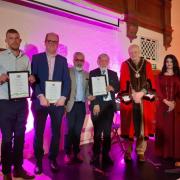 Community Involvement winners: Lewis Vernum, Malcolm Hopkins and representatives from the Faizen e Madinah Mosque with Peterborough Mayor Cllr Nick Sandford and Cllr Shabina Qayyum.
